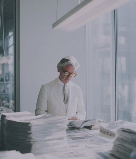 A man in a suit and glasses reviews documents at a desk with stacks of paperwork in a modern office.