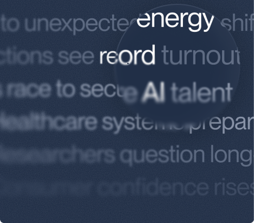 Discover text overlaid on blurry headlines including "energy shift," "record turnout" and "AI talent."