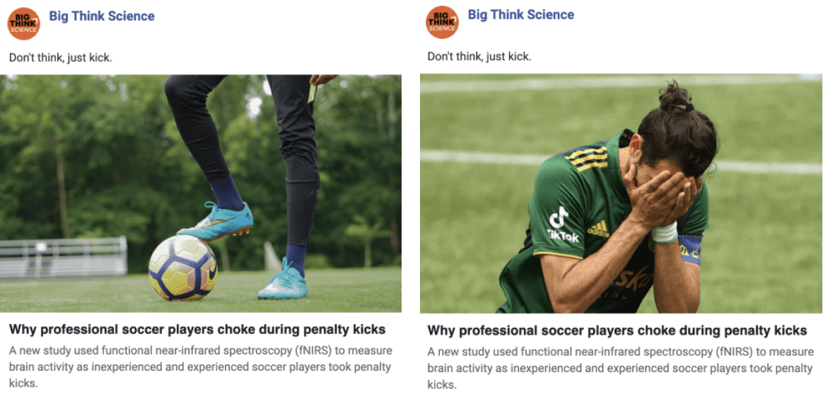 Big Think A/B testing their share images on a Facebook post to evaluate performance differences